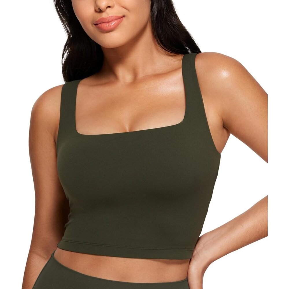 〽️Womens Olive Green Sleeveless Pullover Square Neck Sports Padded Crop Tank Top